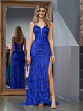 Sparkly Royal Blue Sheath Sequins Long Prom Dress with Slit