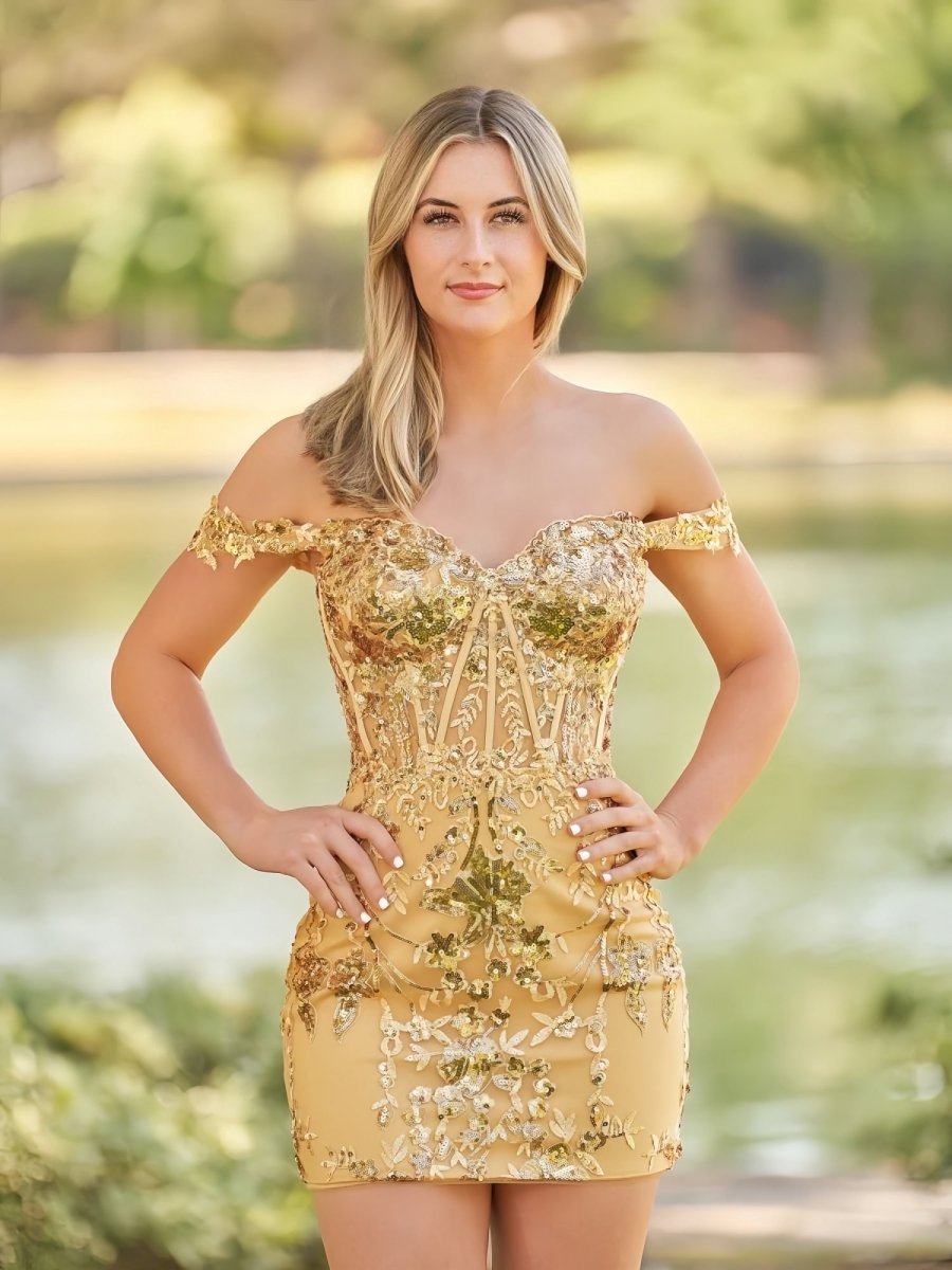 Short Off the Shoulder Sheath Gold Kace Corset Mini Party Dresses