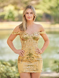 Short Off the Shoulder Sheath Gold Kace Corset Mini Party Dresses