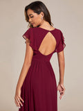 Vestido de dama de honor de gasa con escote en A, plisado, mangas con volantes y abertura en la espalda, vestidos de noche formales