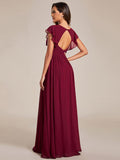 Vestido de dama de honor de gasa con escote en A, plisado, mangas con volantes y abertura en la espalda, vestidos de noche formales