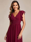 Vestido de dama de honor de gasa con escote en A, plisado, mangas con volantes y abertura en la espalda, vestidos de noche formales