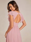 Vestido de dama de honor de gasa con escote en A, plisado, mangas con volantes y abertura en la espalda, vestidos de noche formales