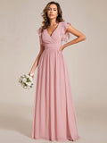 Vestido de dama de honor de gasa con escote en A, plisado, mangas con volantes y abertura en la espalda, vestidos de noche formales