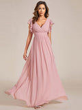 Vestido de dama de honor de gasa con escote en A, plisado, mangas con volantes y abertura en la espalda, vestidos de noche formales
