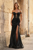 Mermaid Off The Shoulder Pink Satin Long Prom Dresses With Split