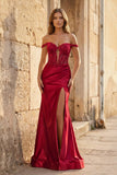 Mermaid Off The Shoulder Pink Satin Long Prom Dresses With Split