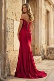 Mermaid Off The Shoulder Pink Satin Long Prom Dresses With Split
