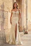 Mermaid Off The Shoulder Pink Satin Long Prom Dresses With Split