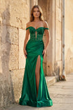 Mermaid Off The Shoulder Pink Satin Long Prom Dresses With Split