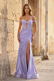 Mermaid Off The Shoulder Pink Satin Long Prom Dresses With Split