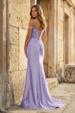 Mermaid Off The Shoulder Pink Satin Long Prom Dresses With Split
