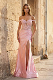 Mermaid Off The Shoulder Pink Satin Long Prom Dresses With Split