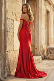 Mermaid Off The Shoulder Pink Satin Long Prom Dresses With Split