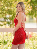 Bodycon Short Orange Scoop Neck Sequins Mini Party Dresses