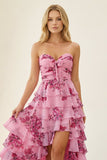 Hot Pink A Line Sweetheart Floral Chiffon Ruffled Long Prom Dresses With Slit