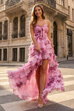 Hot Pink A Line Sweetheart Floral Chiffon Ruffled Long Prom Dresses With Slit