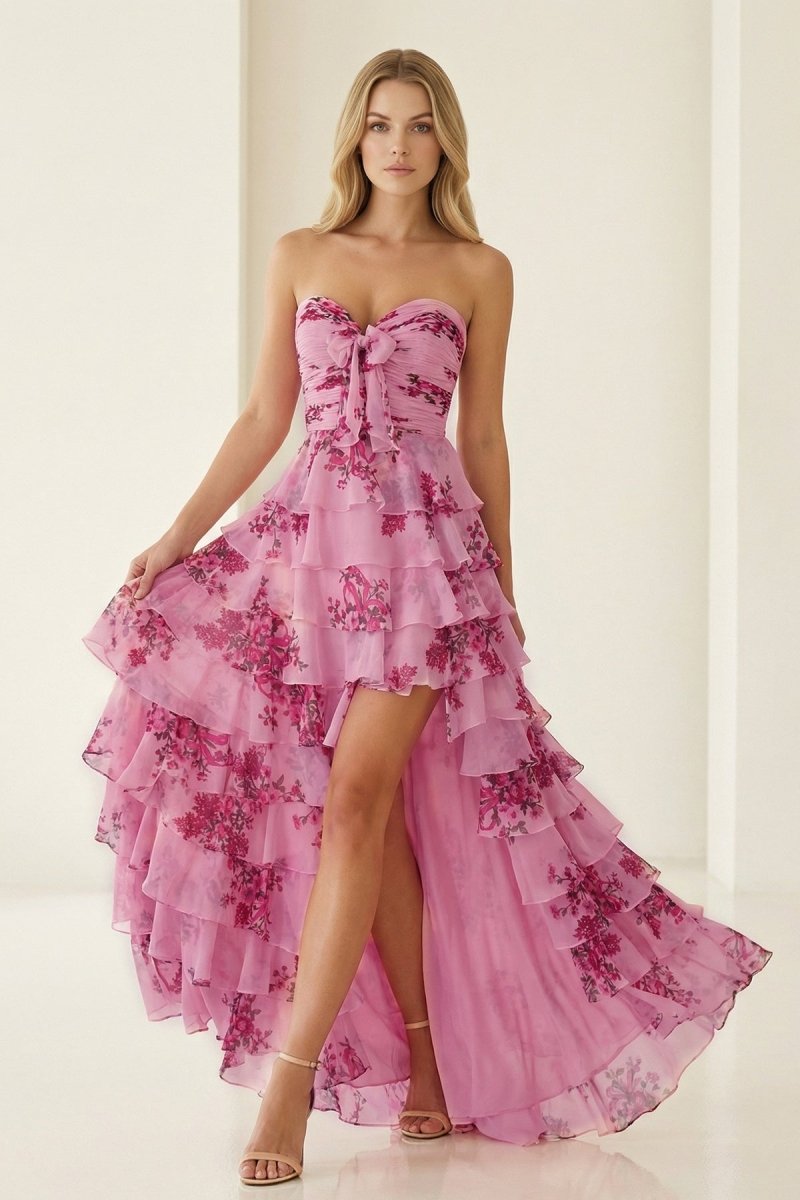 Hot Pink A Line Sweetheart Floral Chiffon Ruffled Long Prom Dresses With Slit