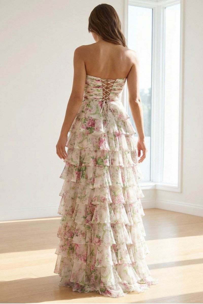 Hot Pink A Line Sweetheart Floral Chiffon Ruffled Long Prom Dresses With Slit