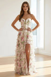 Hot Pink A Line Sweetheart Floral Chiffon Ruffled Long Prom Dresses With Slit