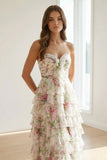Hot Pink A Line Sweetheart Floral Chiffon Ruffled Long Prom Dresses With Slit
