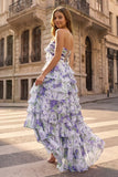 Hot Pink A Line Sweetheart Floral Chiffon Ruffled Long Prom Dresses With Slit