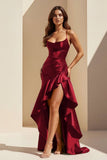 Burgundy - Spaghetti Straps Sheath Satin High Low Prom Dresses With Ruffles