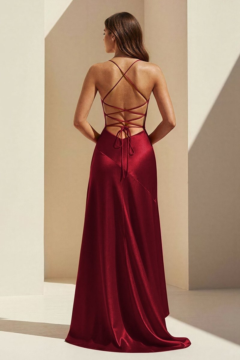 Aqua Spaghetti Straps Sheath Satin High Low Prom Dresses With Ruffles