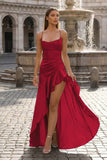 Aqua Spaghetti Straps Sheath Satin High Low Prom Dresses With Ruffles
