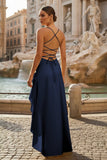 Navy Blue - Spaghetti Straps Sheath Satin High Low Prom Dresses With Ruffles