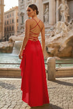 Red - Spaghetti Straps Sheath Satin High Low Prom Dresses With Ruffles