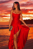 Red - Spaghetti Straps Sheath Satin High Low Prom Dresses With Ruffles