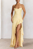 Yellow - Spaghetti Straps Sheath Satin High Low Prom Dresses With Ruffles