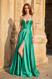 A Line Sweetheart Green Satin Long Prom Dresses with Slit