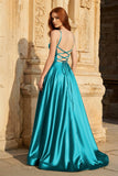 A Line Sweetheart Green Satin Long Prom Dresses with Slit