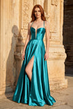 A Line Sweetheart Green Satin Long Prom Dresses with Slit