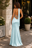 Yellow - Halter Deep V Neck Satin Sheath Backless Long Prom Dresses