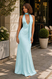Yellow - Halter Deep V Neck Satin Sheath Backless Long Prom Dresses