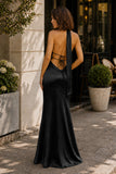Yellow - Halter Deep V Neck Satin Sheath Backless Long Prom Dresses