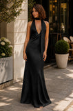 Yellow - Halter Deep V Neck Satin Sheath Backless Long Prom Dresses