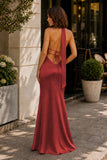 Yellow - Halter Deep V Neck Satin Sheath Backless Long Prom Dresses