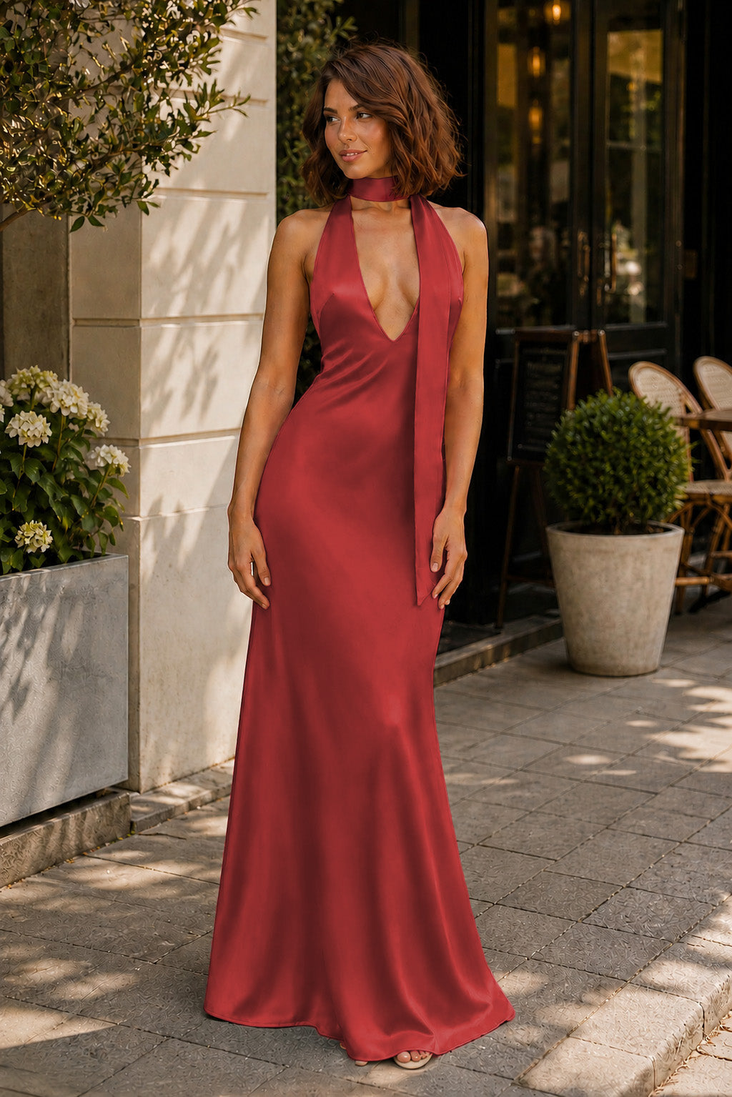 Yellow - Halter Deep V Neck Satin Sheath Backless Long Prom Dresses