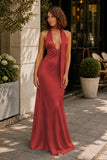 Yellow - Halter Deep V Neck Satin Sheath Backless Long Prom Dresses
