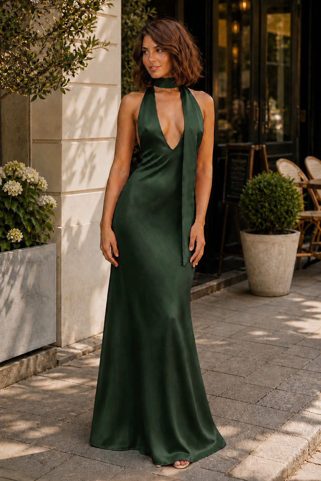 Yellow - Halter Deep V Neck Satin Sheath Backless Long Prom Dresses