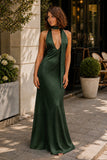 Yellow - Halter Deep V Neck Satin Sheath Backless Long Prom Dresses