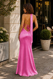 Yellow - Halter Deep V Neck Satin Sheath Backless Long Prom Dresses