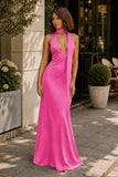 Yellow - Halter Deep V Neck Satin Sheath Backless Long Prom Dresses