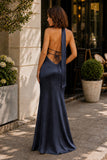 Yellow - Halter Deep V Neck Satin Sheath Backless Long Prom Dresses