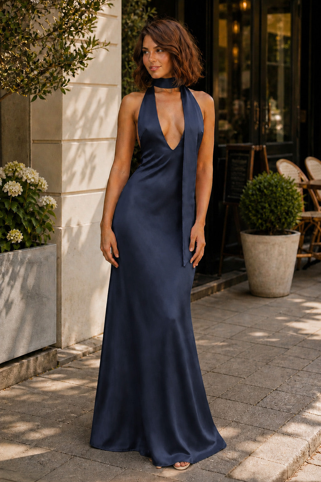 Yellow - Halter Deep V Neck Satin Sheath Backless Long Prom Dresses