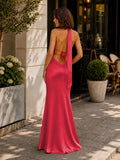 Yellow - Halter Deep V Neck Satin Sheath Backless Long Prom Dresses